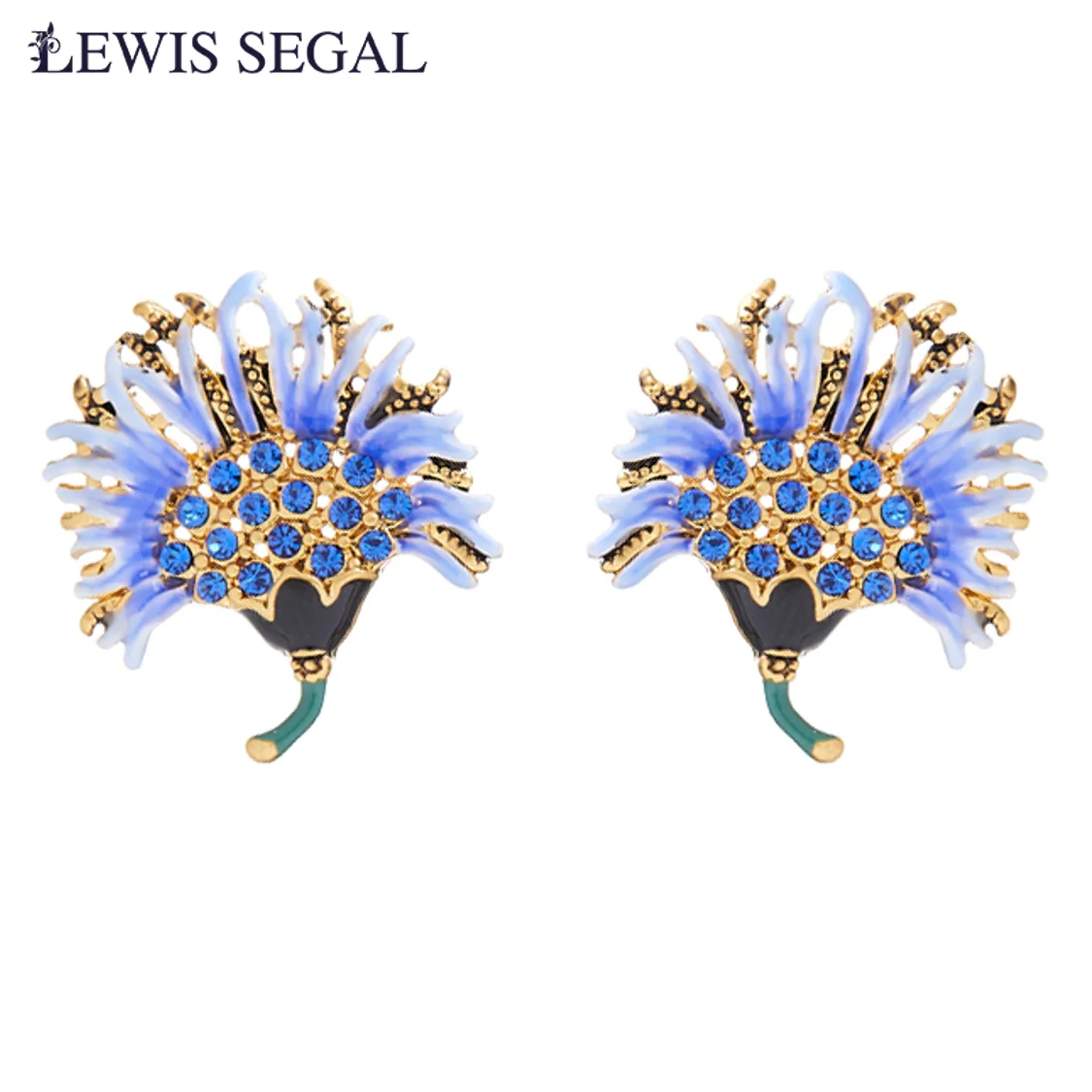 LEWIS SEGAL Vintage Earrings for Women Blue and White Bouquet 18K Gold Plated Hand-painted Enamel Coating Suit Brooch Pin