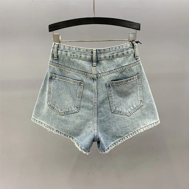 [zoci] Western Design Denim Shorts Summer New Style, Loose Slimming, Versatile Holes, High Waist Wide Legs,