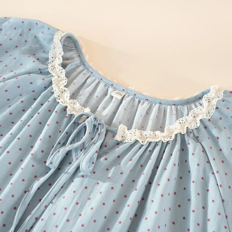 Summer Polka Dot Blue Cotton Nightgown Round Neck Women's Home Wear Loose Thin Sleepwear Dress Night Wear 4