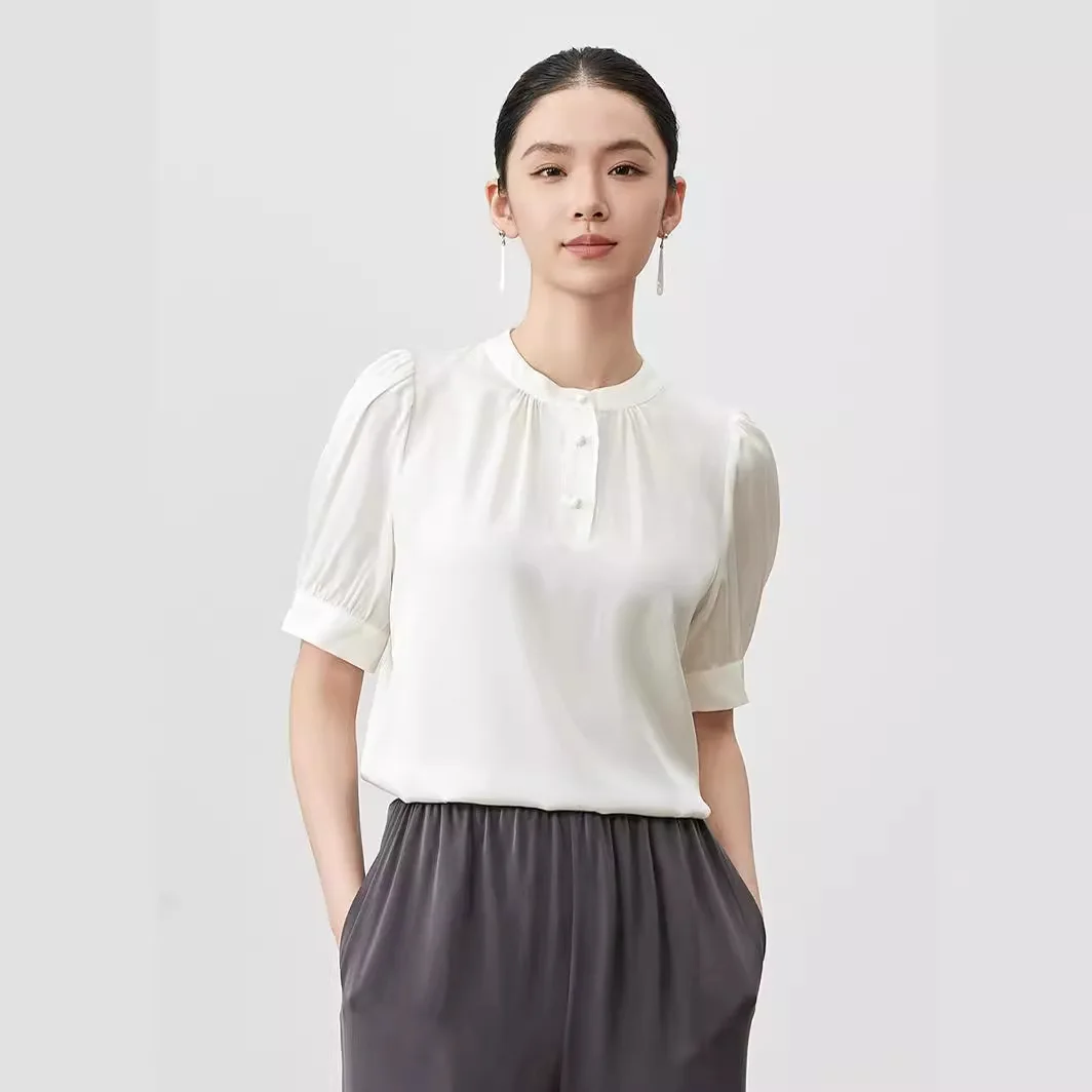 Birdsky, 1PC Women blouse Tee T shirt pullover top office lady short sleeve 90% mulberry silk solid color, S-836