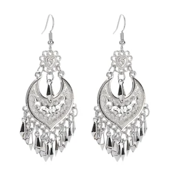 Ethnic Tibetan Silver Heart Shaped Flower Tassel Earrings Metal Alloy Pendant Jewelry Women's Vintage Bohemian Earrings