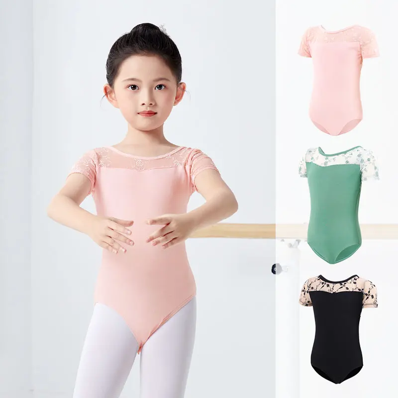 Ballet Leotards Girls Cotton Embroidery Splice Short Sleeves Dance Leotards Gymnastics Leotard Ballet Dancing Bodysuit For Girls