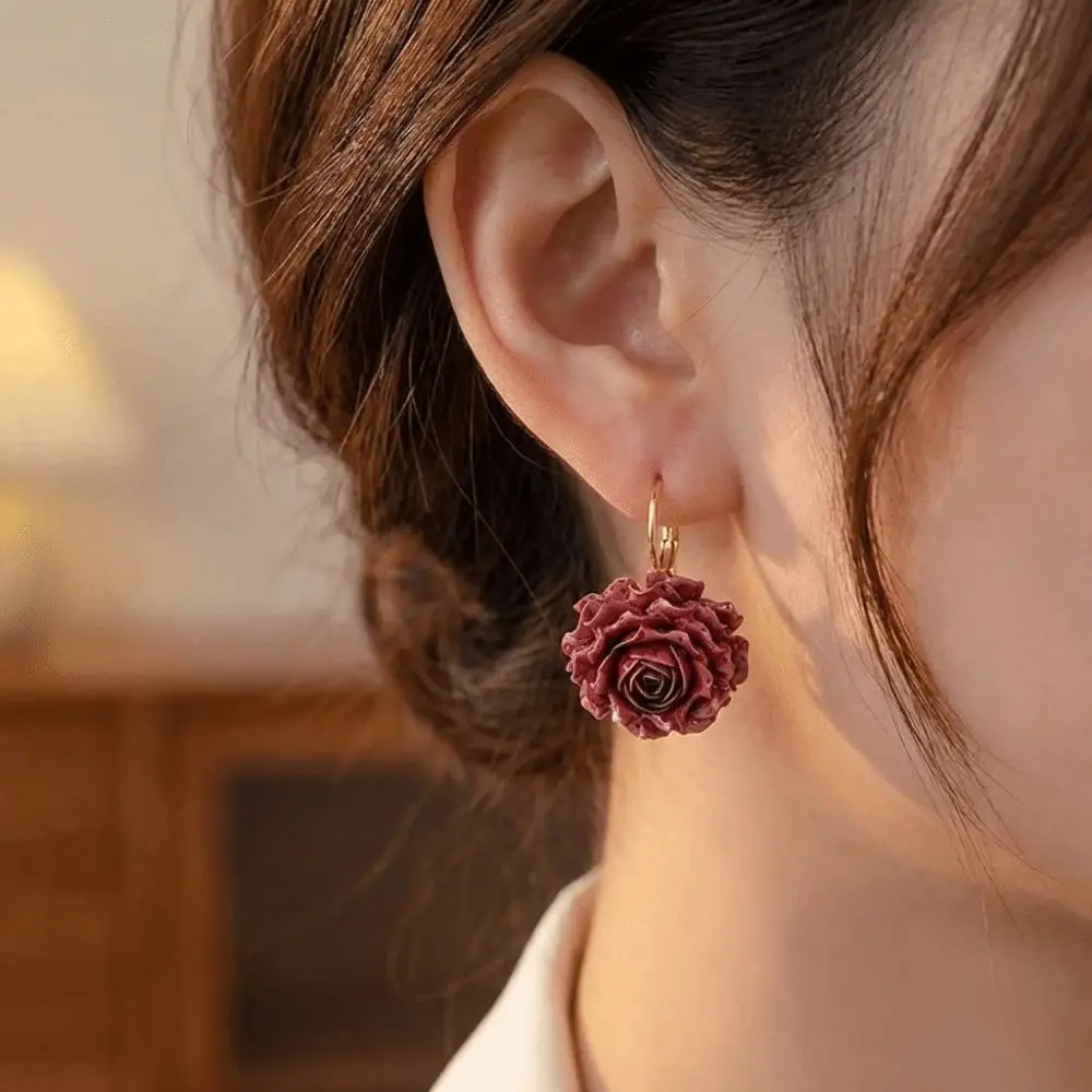 Sweet Artificial Rose Earrings Resin Retro Preserved Flower Earrings Delicate Craftsmanship Unique Romantic Ear Hooks
