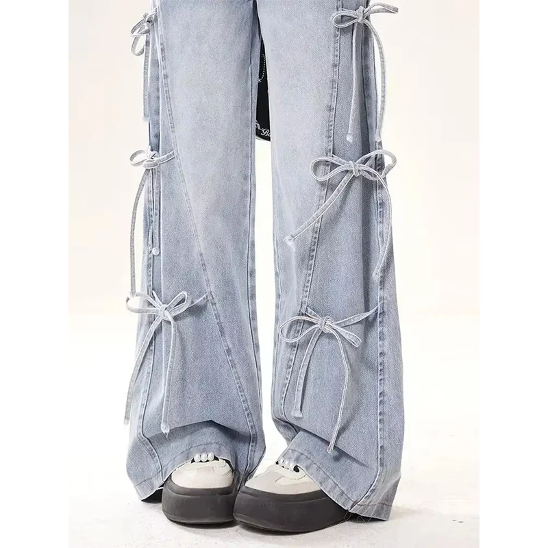 Jeans legati con papillon da 1 pezzo per donna Pantaloni larghi larghi versatili retrò americani Pantaloni casual a gamba dritta
