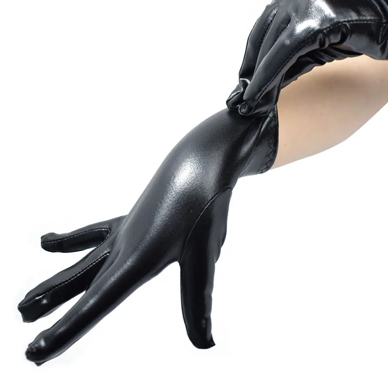 Black Patent PU Leather Long Wrist Gloves Women Sexy Cosplay Gloves Five Finger Gloves Mittens Etiquette Performance Gloves 2023