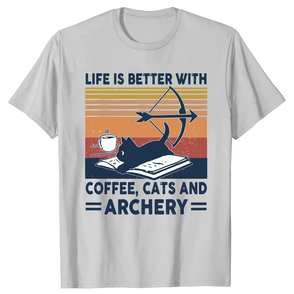 Streetwear Birthday Gifts T-shirt Funny Life Better with Coffee Cats and mangay Vintage Bow manga Bowhunting T Shirt Cotton