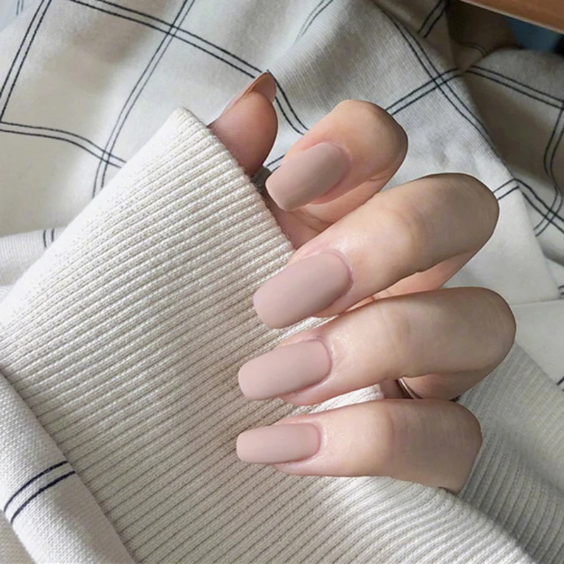 Hot Sale 2021 24Pcs khaki Pure Color Matte Mid-length Square Head Nails Women Wearable Full Cover Finger Fake Nail with Glue