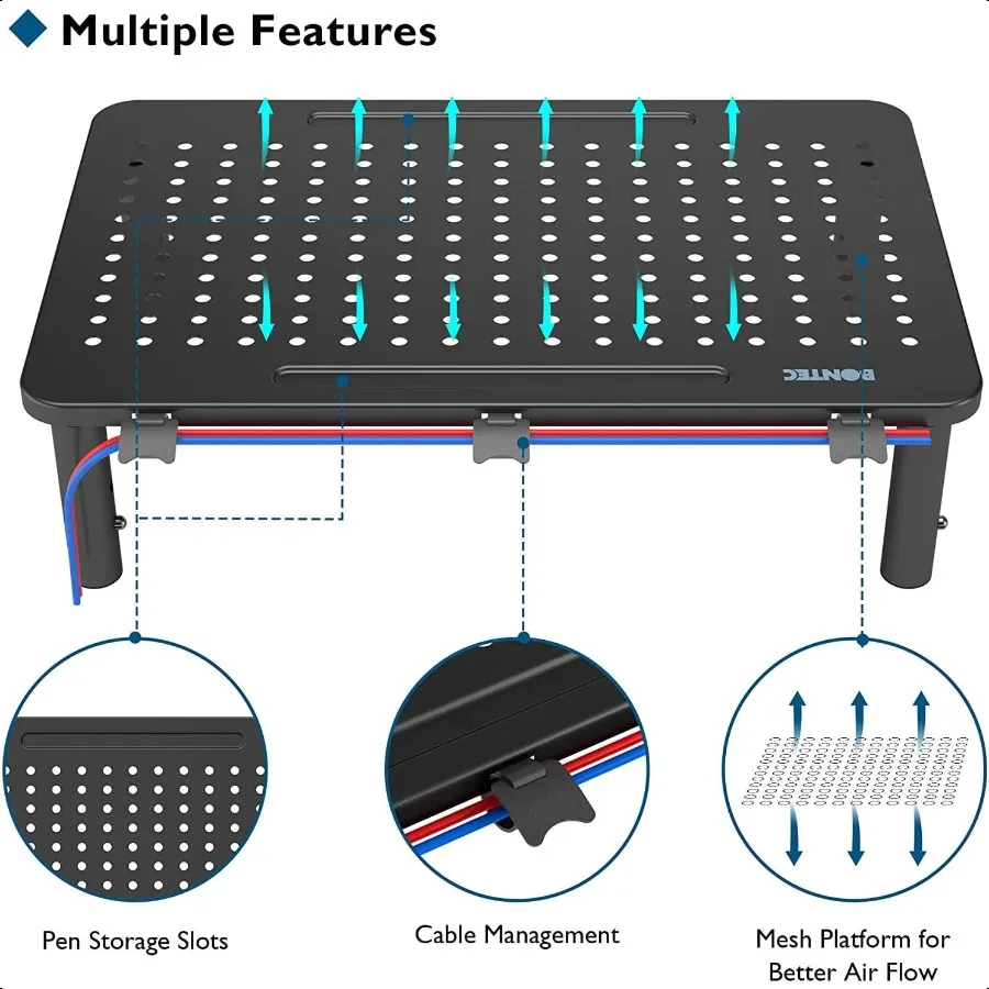 2個パック、3段階高さ調整可能なモニタースタンドライザー、ペンホルダー付き、人間工学に基づいたメタル製ノートパソコンスタンド、ケーブル管理機能付きデスクトップスタンド