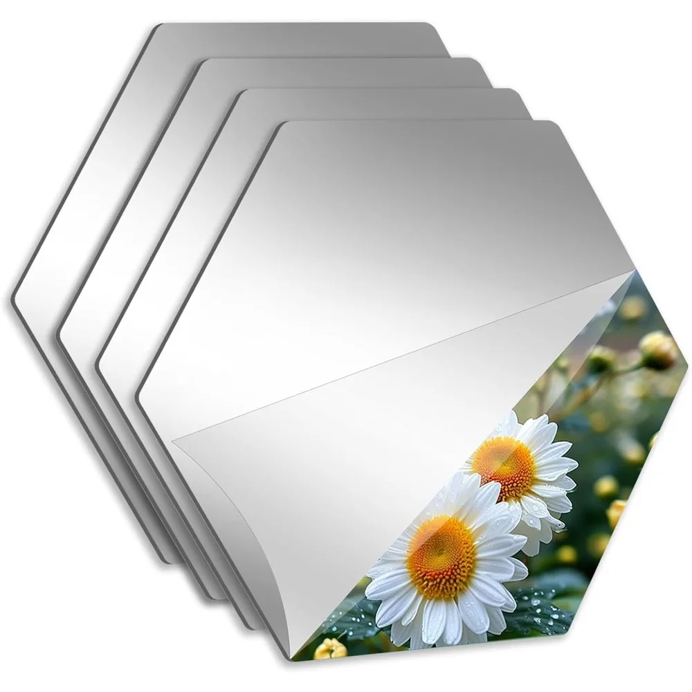 

Mirror Stickers, 4 Pack, Acrylic, 3D Hexagon Flexible Plastic Mirror Tiles, Stick on Espejos Wall Tile Sheets, Wall Mirror
