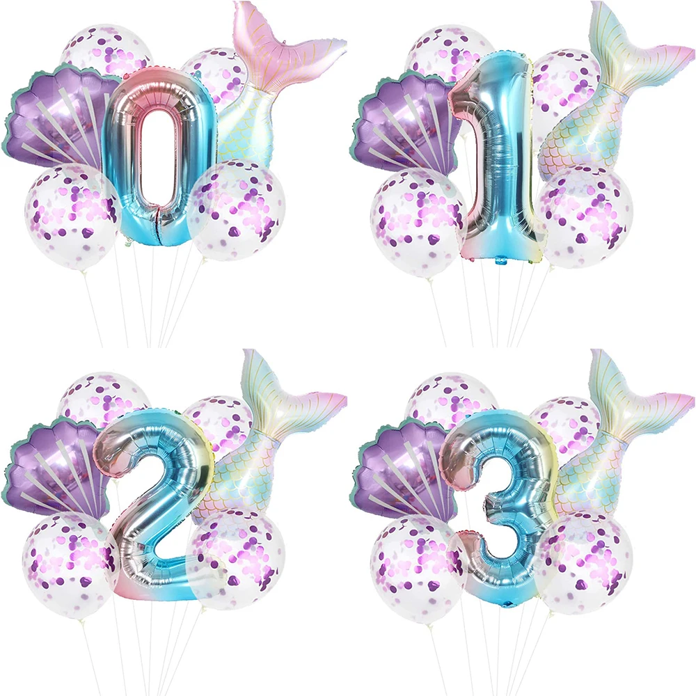 1set Mermaid Tail Party Balloons Number Foil Balloon 1st 2nd 3rd Girls Birthday Decor Balon Wedding Mermaid Shell Helium Globos