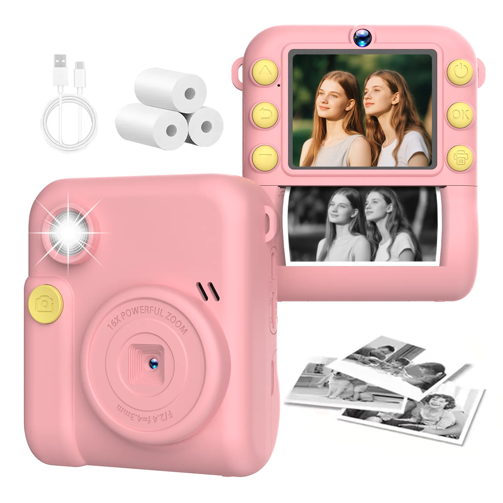 インスタントプリントサーマルカメラ、1080p-hdデジタルカメラ、24インチlcdデュアルレンズ、16倍ズーム、内蔵ゲーム、日常撮影に最適なギフト