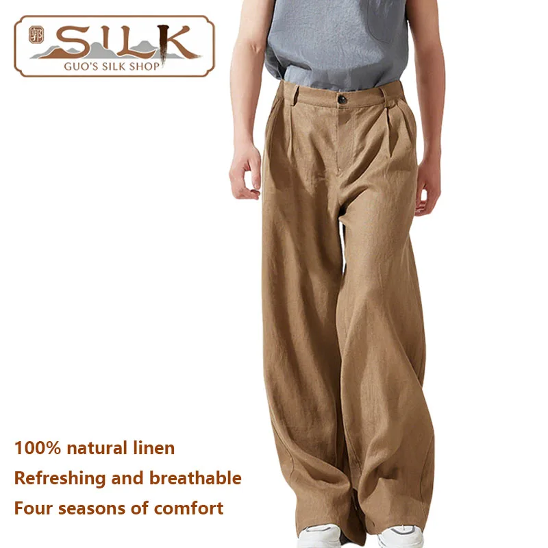 

High-end Natural Pure Linen Men's Pants Loose, Wide-Fitting Straight Trousers for Large Sizes Clothing with Good Airflow Sweat