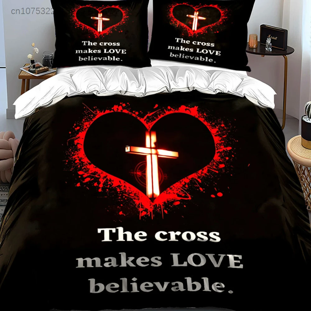 Christian Cross Print Three-Piece Set Decoration Multiple Sizes kid's And adults' Bedroom Exquisite 3PC Bedding set, Gift