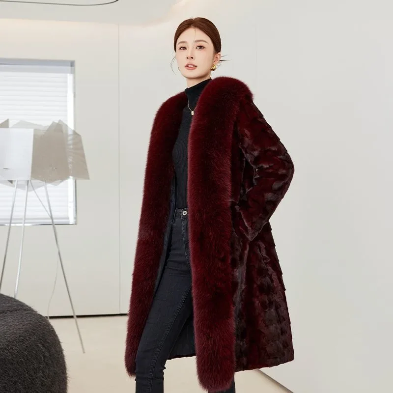Hot Sales Fashion New winter Real Mink Coat Women Medium Length Mink Fur Coat High Quality Natural Fox Fur Collar Warm Jacket