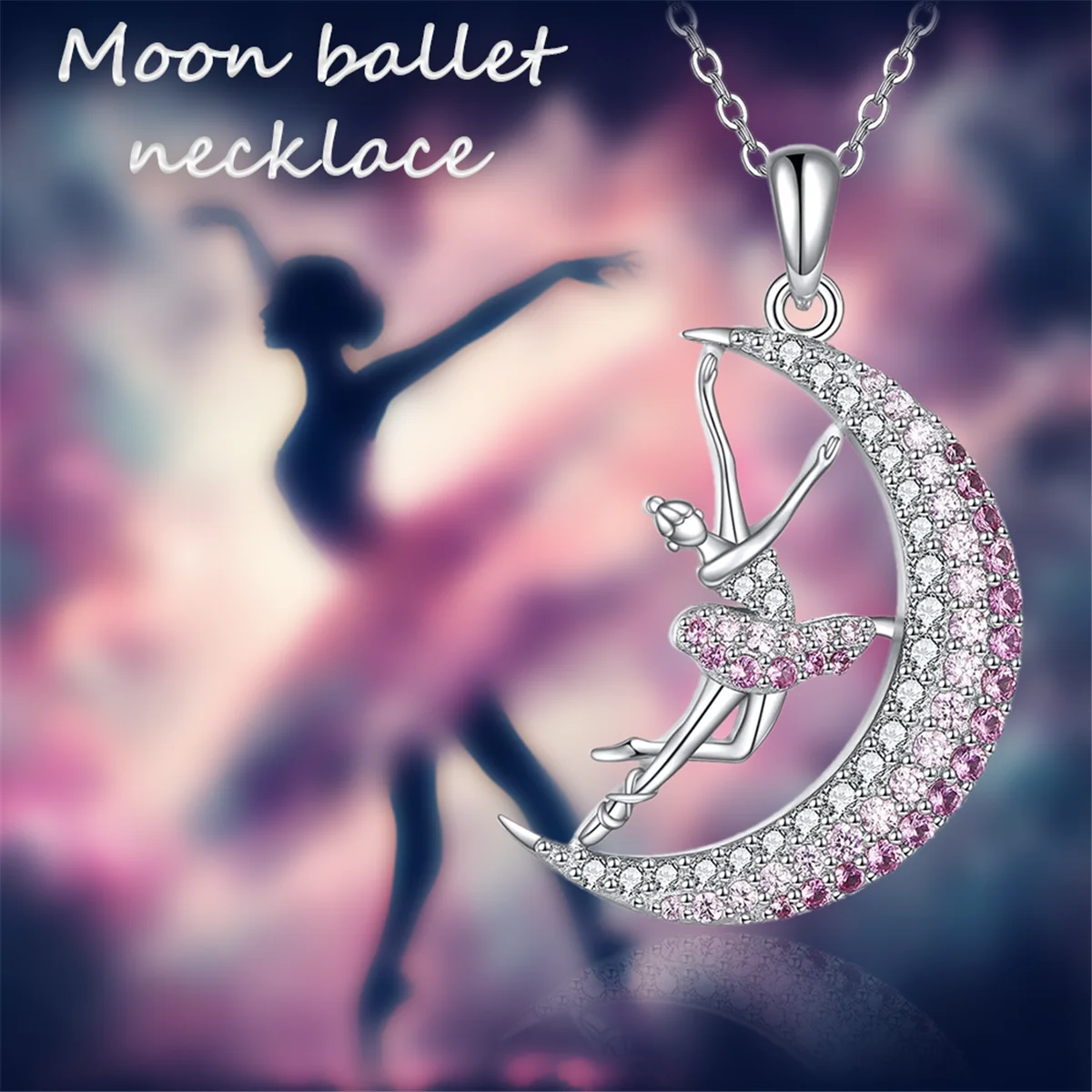 Collar con colgante de figura de bailarina de luna en aleación de zinc bicolor rosa transparente brillante con detalles de tutú y marco de media luna, adorno de baile romántico, ligero y cómodo, regalo cariñoso para jóvenes bailarinas, para uso diario y vacaciones, para atuendos suaves y delicados para mujer