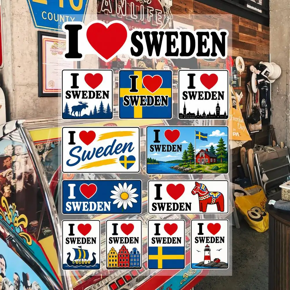 I Love Sweden Aesthetic Graffiti Waterproof PVC Stickers for Car Motorcycle Skateboard Helmet Notebook