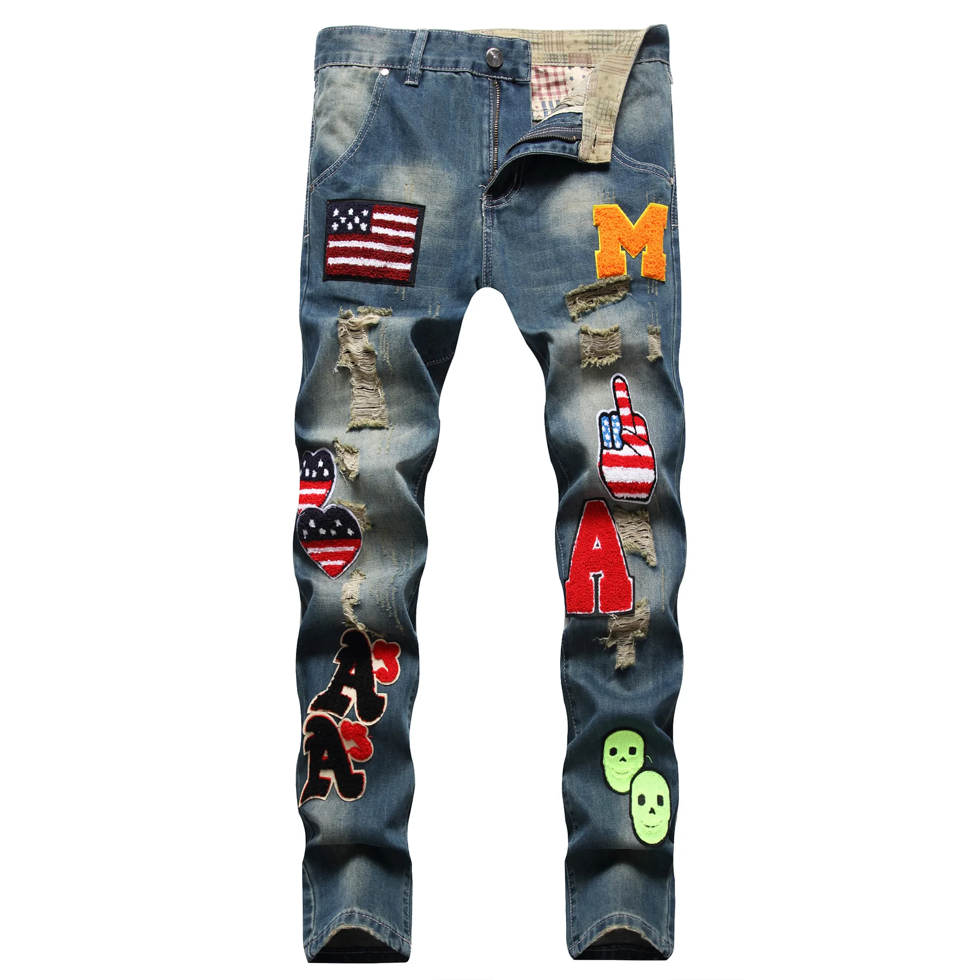 Men's pants Hip hop style multi-chapter towel bottom embroidery ripped nostalgia color small straight leg jeans men