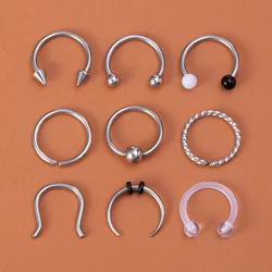 9pcs Hoop Nose Ring Septum Piercing Set Silver Color Surgical Steel Cartilage Earring Tragus Helix Circular BCR Ear Body Jewelry