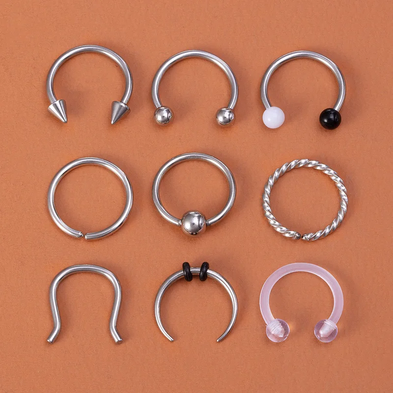 9 sztuk Hoop kolczyk w nosie Piercing przegrody zestaw kolor srebrny stal chirurgiczna kolczyk na chrząstkę Tragus Helix okrągłe BCR ucho biżuteria do ciała