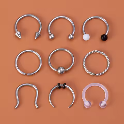 9pcs Hoop Nose Ring Septum Piercing Set Silver Color Surgical Steel Cartilage Earring Tragus Helix Circular BCR Ear Body Jewelry