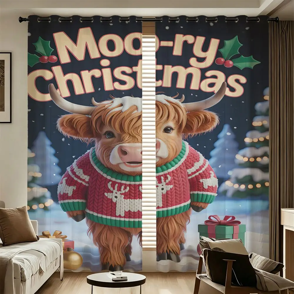 Christmas Highland Cow Print 2 Panels Curtains Printed Darkening Curtains Light Blocking Rate 85% Teen Holiday Decor Curtains
