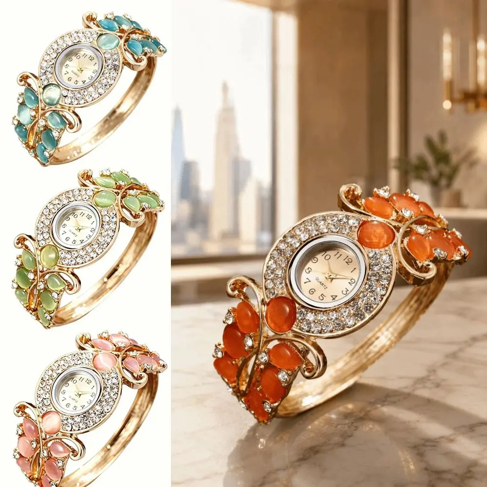 Rich In Flowers Vintage Watch Rhinestone Bracelet Crystal Jewelry Quartz Watch Versatile Design Round Dial