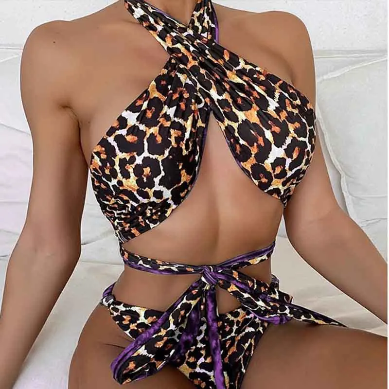 2025 sexy leopardo impressão dupla wear cruz 2 peças conjunto de biquíni banho para as mulheres verão cintura alta tankini maiô brasileiro