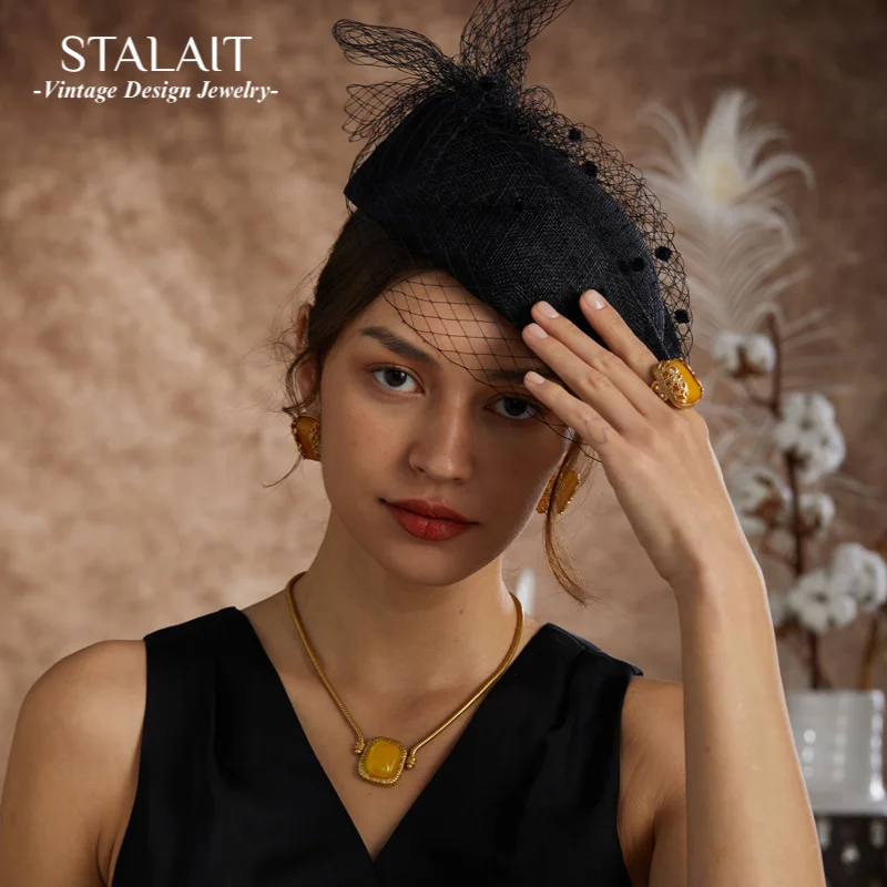 

Vintage Yellow Natural Stone Square Necklace Jewelry Sets Luxury Designs Palace Antique Gold Color Woman Earrings Rings 2025