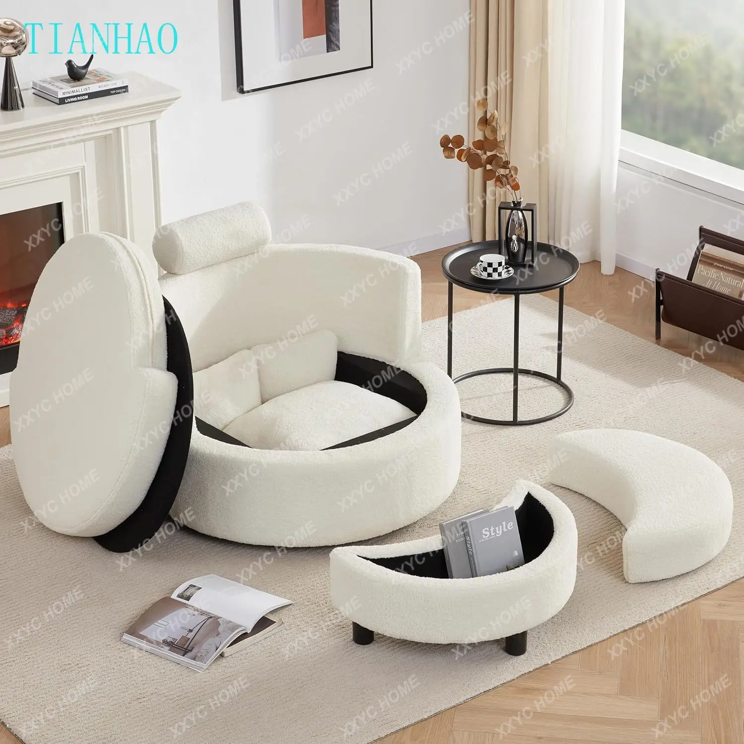 Swivel Chair with Half Moon Storage Ottoman, Round Oversized Barrel with Base Storage for Living Room, 360°Modern