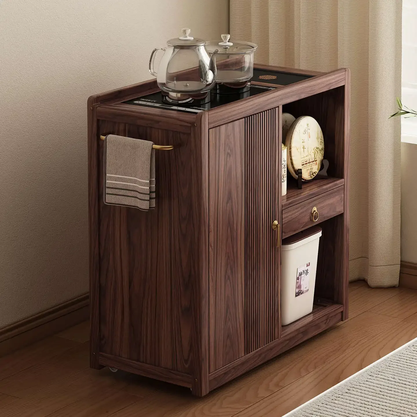 solid wood tea table household living room balcony movable tea table office tea table boiling water integrated