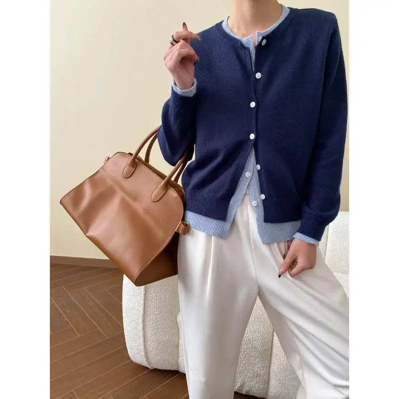 

Женские весенне-осенние топы, куртки, майки, трикотажные изделия, кардиганы, имитация двухслойности, контрастные цвета, пэчворк, новые, повседневные, элегантные