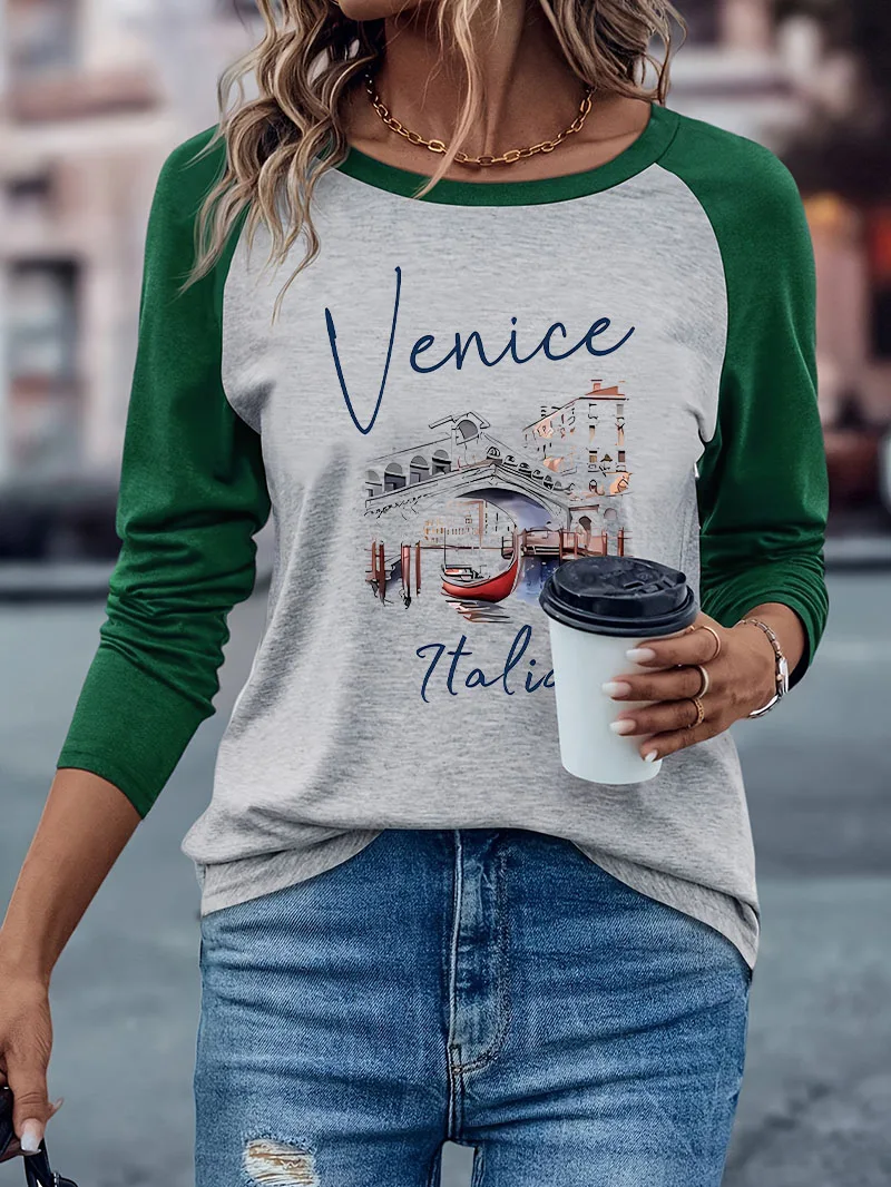 Langärmeliges Retro-Vintage-T-Shirt mit Italien-Print, Lässiges Langarm-T-Shirt, Trendiges Winter-Herbst-Grafik-T-Shirt, Weiches, Lockeres Damen-T-Shirt – Detail 3
