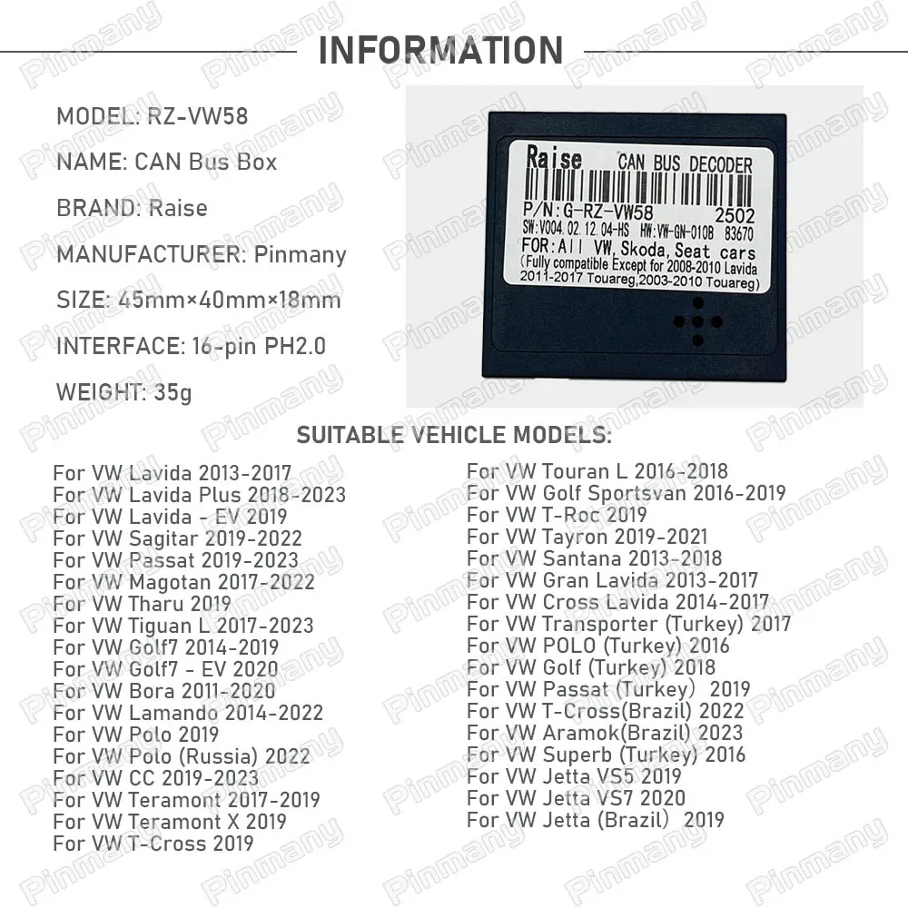 Car Raise CAN Bus Decoder RZ-VW58 for Volkswagen T-Cross Touran