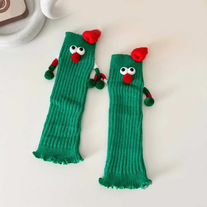 

Christmas Hand Holding Leg Warmers Funny Matching Couple Foot Covers Socks with 3D Santa Hat for Women