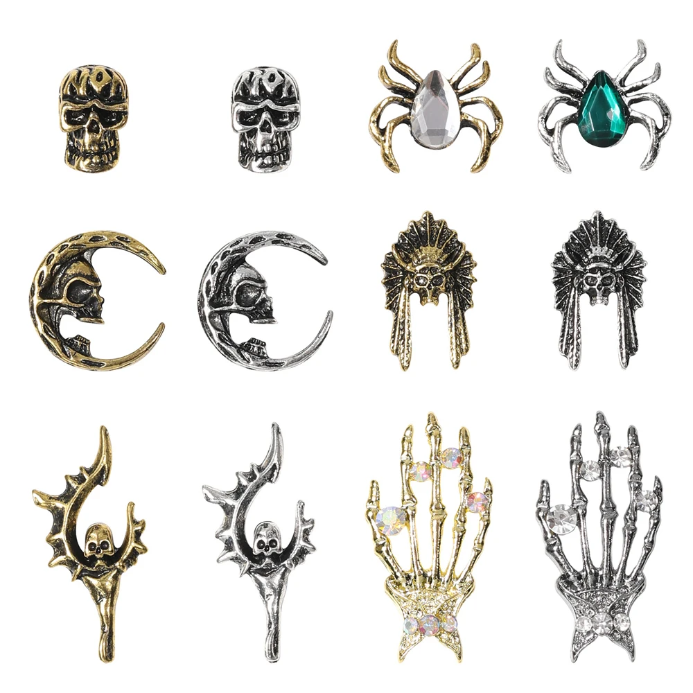 10pcs Shiny Diamond Skull Nail Art Charm 3D Halloween Metal Skull Claw Spider Nail Decoration DIY Punk Retro Nail Jewelry