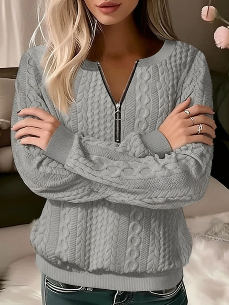 

Новые свободные вязаные рубашки с v-образным вырезом на полумолнии, осенне-зимние женские футболки, повседневные топы с длинными рукавами, однотонный офисный свитер