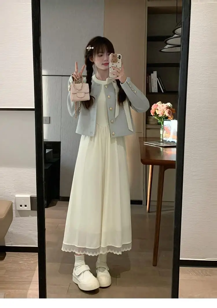 New Korean Style Sweet Girl Slimming Dress with a High-end French Short Style New Chinese Style Small Fragrant Style Jacket Top