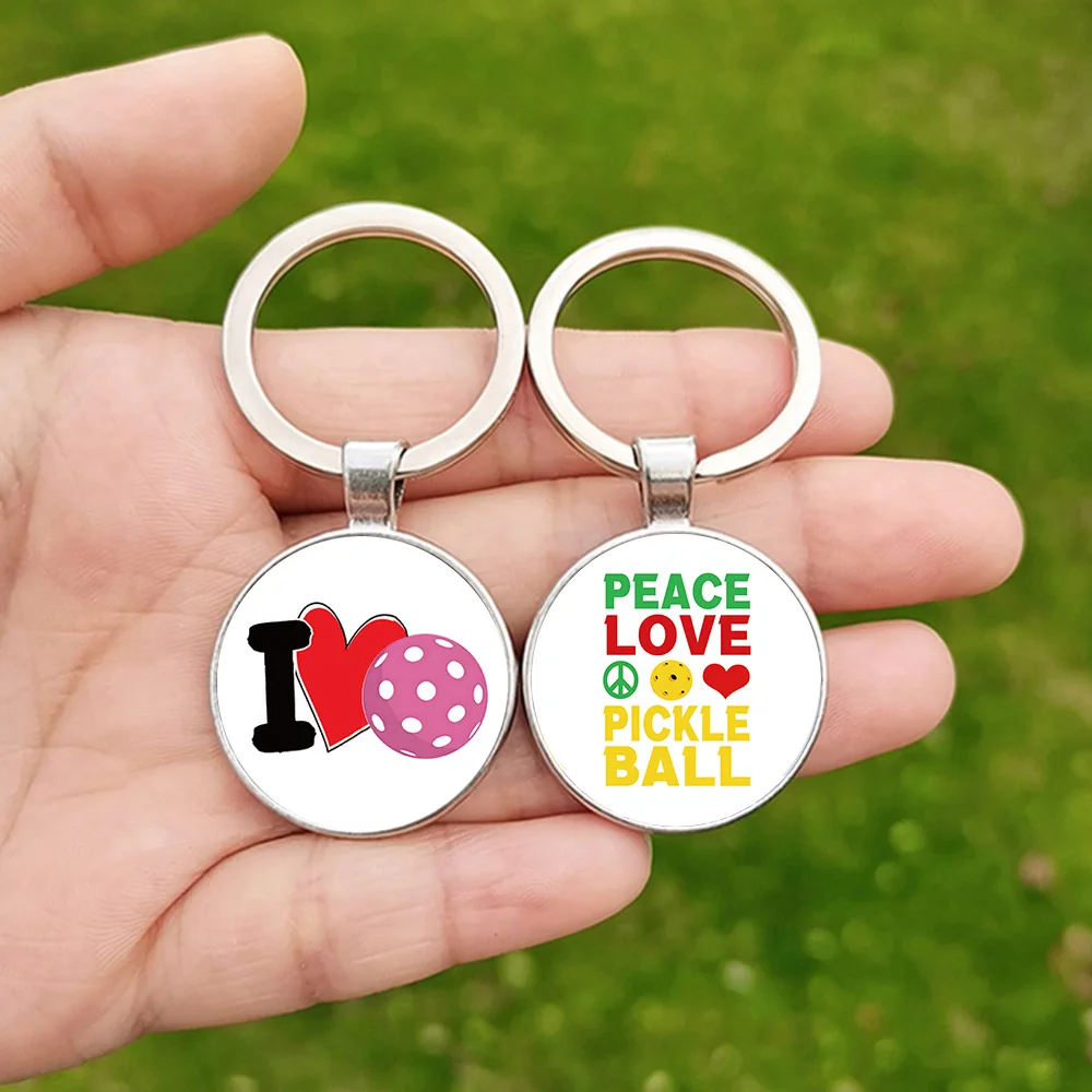 I Love Pickleball Keychain Peace Love Ball King Cartoon Pattern Glass Cabochon Pendant Key Chain for Pickleball Lovers Gift