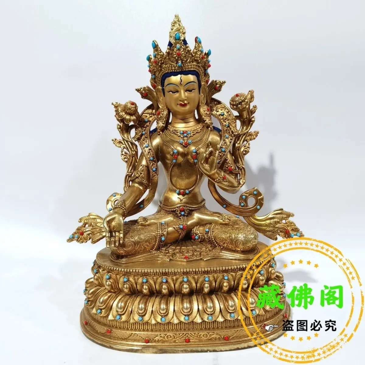 21 cm White Tara Pure Copper Precision Craftsmanship Tibetan Gilded Bronze Buddha Statue Inlaid with 7-inch Home Decoration Budd