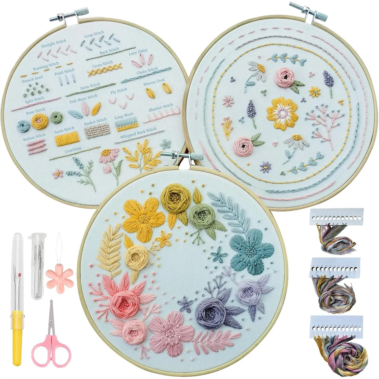 

Embroidery Kit for Beginners, 3 Pack with Step-by-Step Instructions & Video, 22 Stitches, Stamped Patterns, Hand Embroidery Kit
