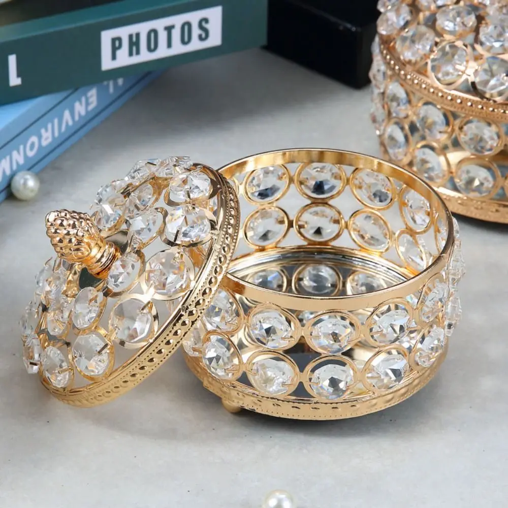 Portable Luxury Crystal Jewelry Box Sparkling Round Earring Organizer Handheld Glass Mirrored Necklace Ring Display Case Desk