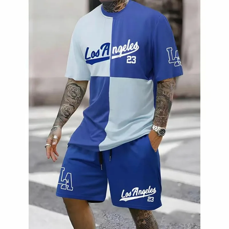 2025 Men's 3D Printed Short Sleeved Shorts Set, Fashionable Daily Casual Trend Round Neck Polyester Fiber Two-piece Set