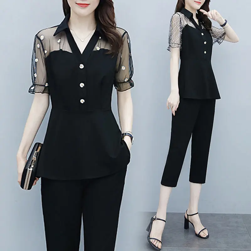 2022 Summer New Korean Fashion Hollowed Out Daisy Elegant Women\'s Suit Sexy Lace Chiffon Shirt Pants Two-piece Set Trouser Suits