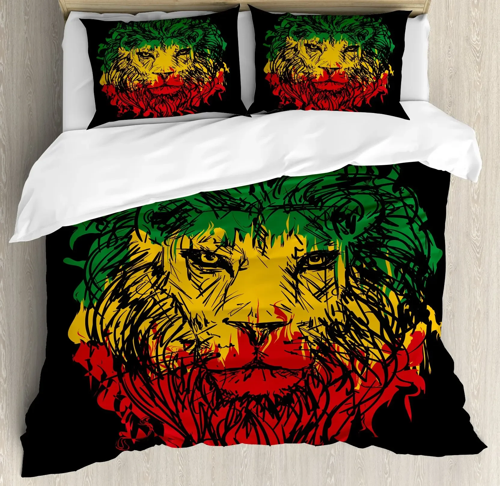 Rasta Duvet Cover Set,Lion A Rastafari Flag Jungle Reggae Bedding Set Art Colorful Cultural Folkloric Print Comforter Cover Set