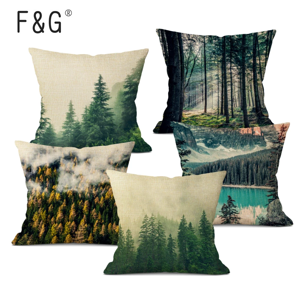 Tree Wood Mountain Clouds Winter Moonlight Cushion Cover Linen Cotton Pillow Case Square Sofa Decor Home Textile Product Custom