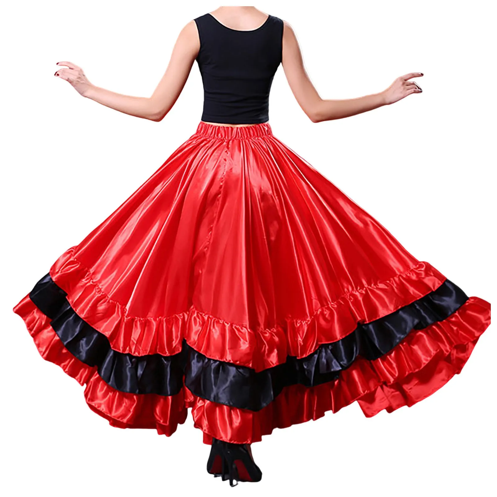 Falda de danza del toro español para mujer, falda de danza del vientre, falda oscilante grande con volantes, falda mexicana folclórica completa, vestido de baile fluido