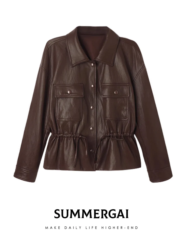 بدلة نسائية من Orta مصنوعة من جلد البولي يوريثان للخريف باللون البني وحزام الخصر الأمريكي Jaet ملابس الشارع الشهير طويلة Sve #1