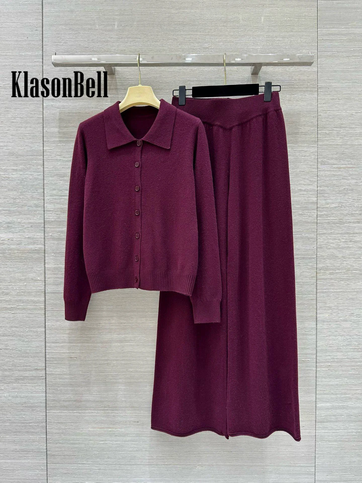 9.25 KlasonBell Women\'s Fashion Casual Wool Knitted 2 Piece Set Letter Lapel Button Cardigan + Elastic Waist Wide Leg Pants