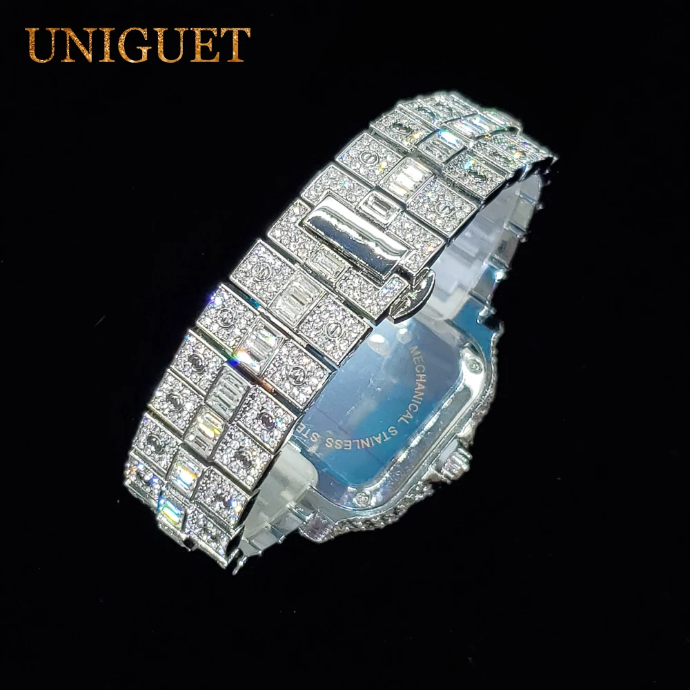 Relojes UNIGUET de lujo con diamantes para hombre, reloj de cuarzo con calendario y esfera de arcoíris para hombre, relojes de pulsera helados de Hip Hop a la moda para regalo