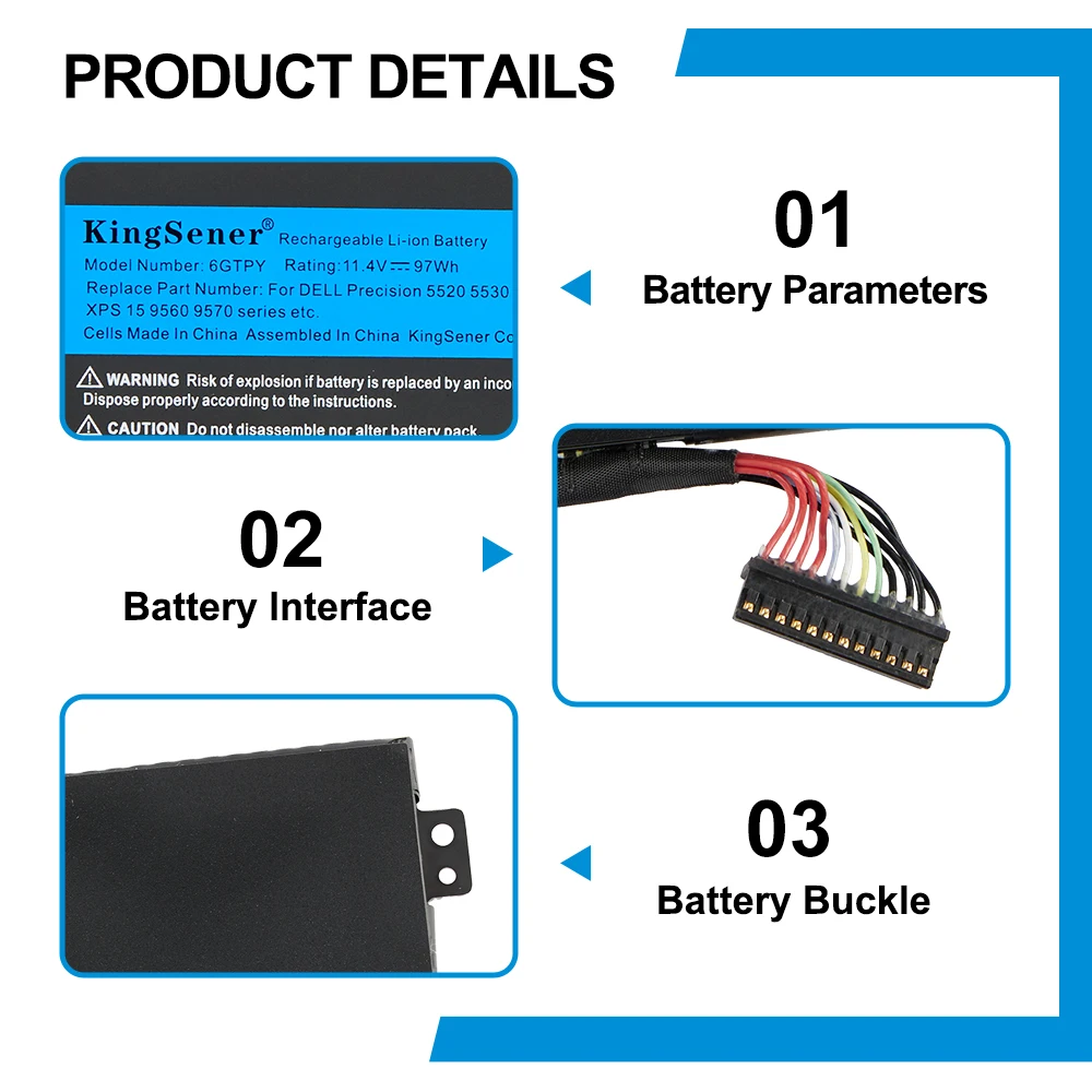KingSener 6GTPY 11,4 V 97 Wh Laptop-Akku für DELL XPS 15 9570 9560 7590 und für DELL Precision 5520 5530 Notebook-Serie. – Detail 5